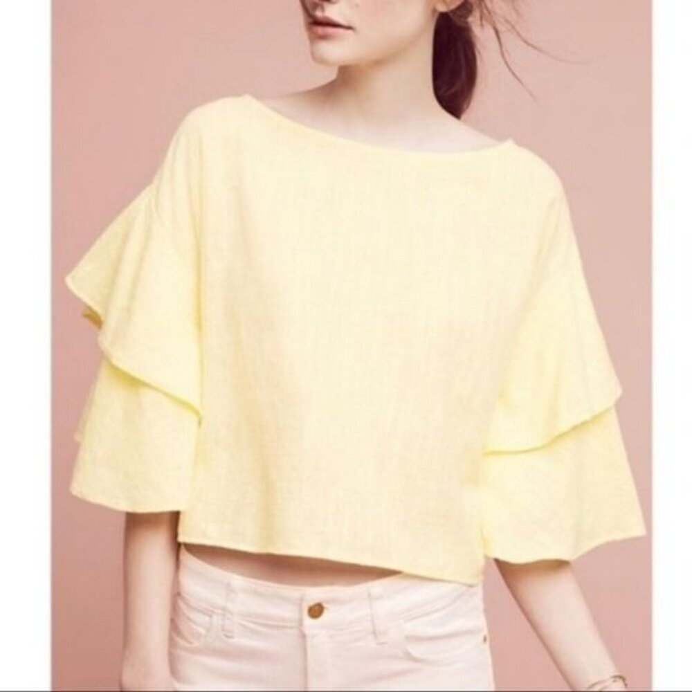 Lilka‎ Anthropologie L Yellow Cotton Crop Top Boxy Kimono Sleeves Summer LORA